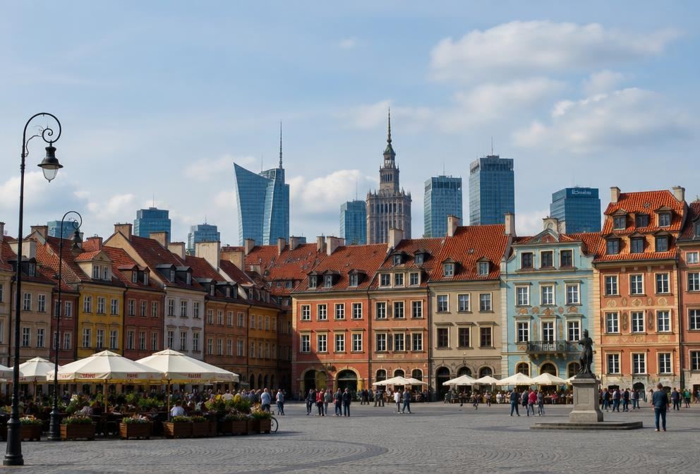 Warsaw's old town market square with the modern skyline behind