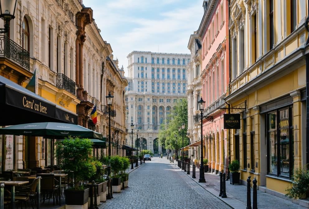 A Bucharest old town street with the Palace of the Parliament behind