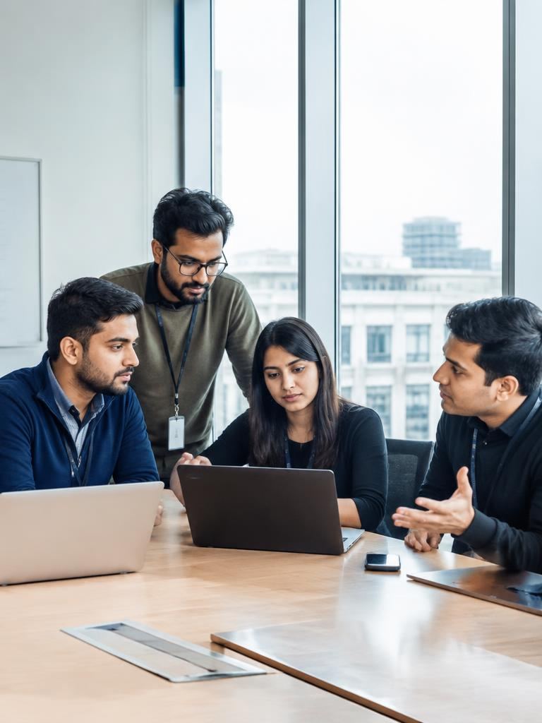 Indian technology professionals collaborating around laptops in a modern European office
