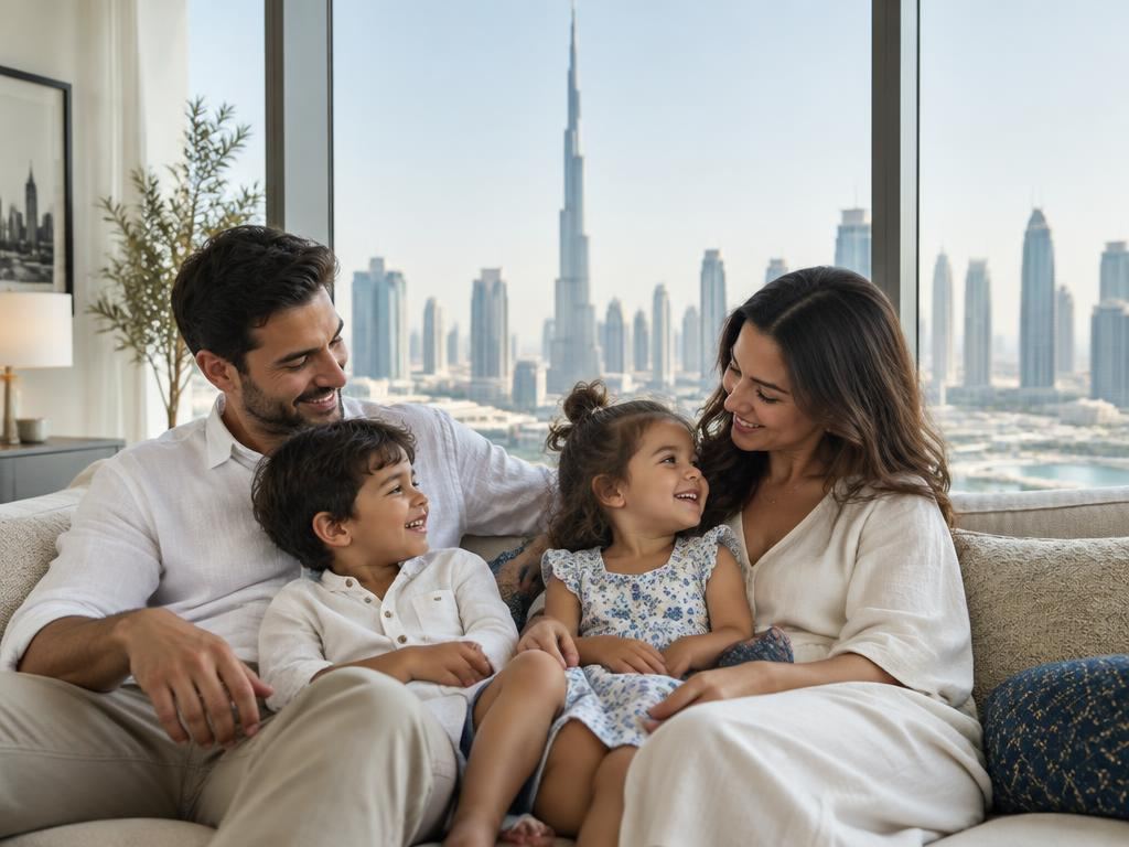 A family relaxing together in a bright Dubai apartment with the city skyline visible through the window