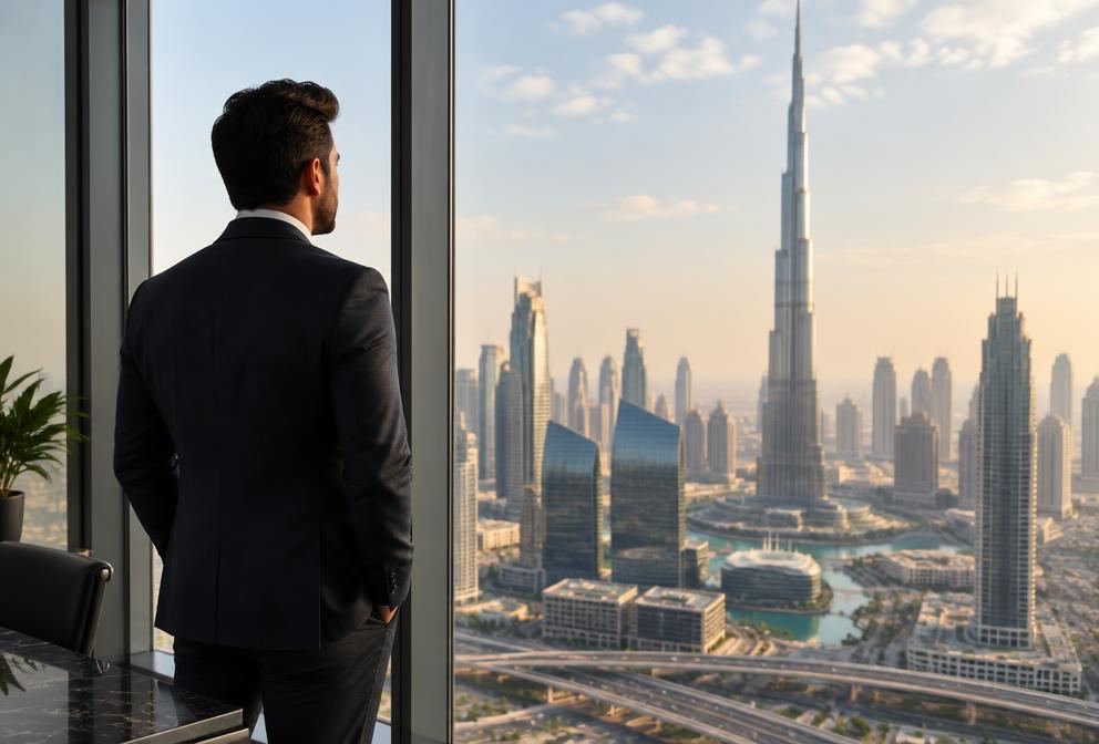 An executive in a suit looking out over the Dubai skyline through an office window