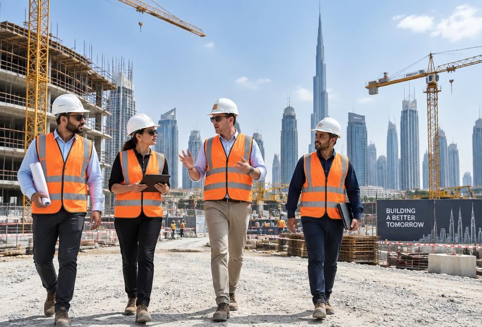 Engineers in safety vests and hard hats at a construction site with the Dubai skyline behind