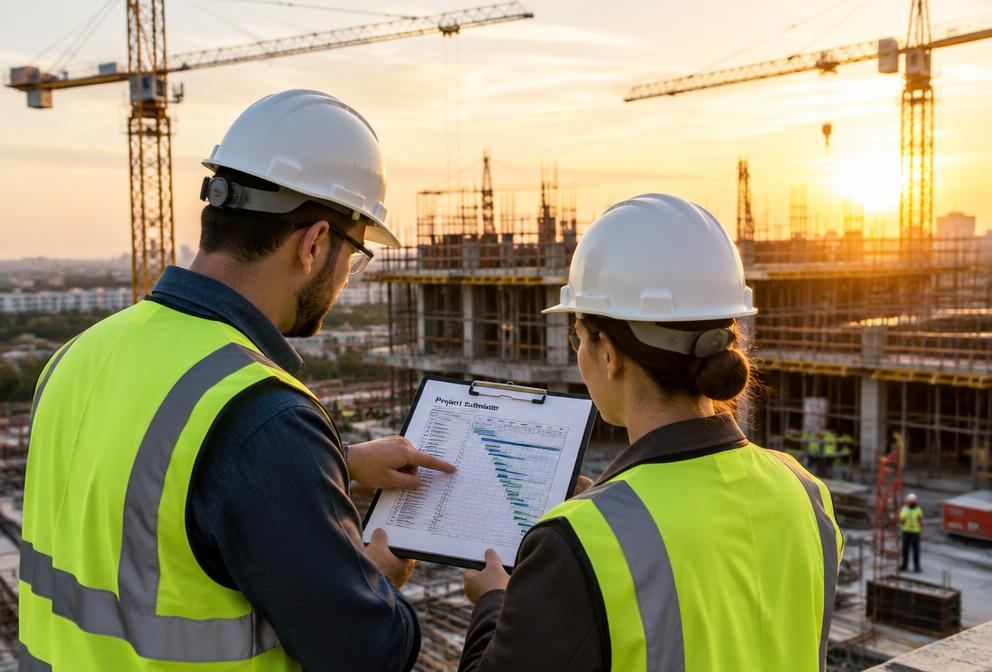 Engineers reviewing a project schedule at a construction site with cranes