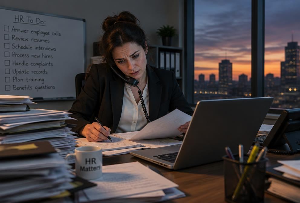 An HR manager handling calls, paperwork and a laptop alone at dusk