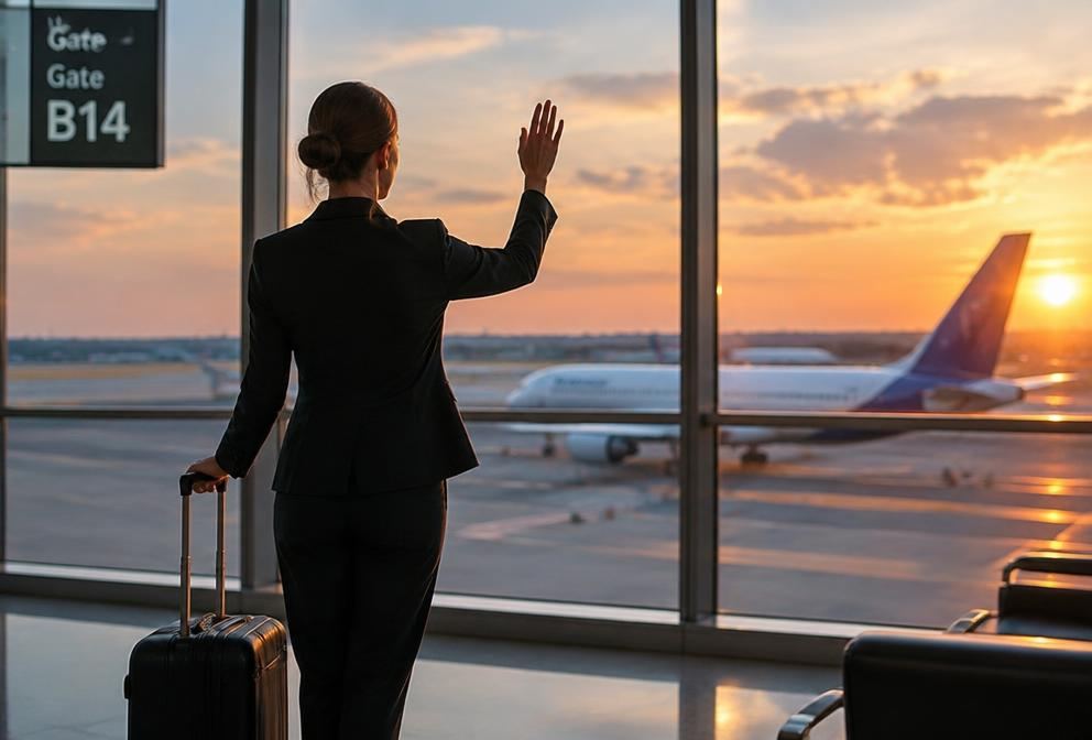 A traveller with a suitcase at an airport departure gate at sunset