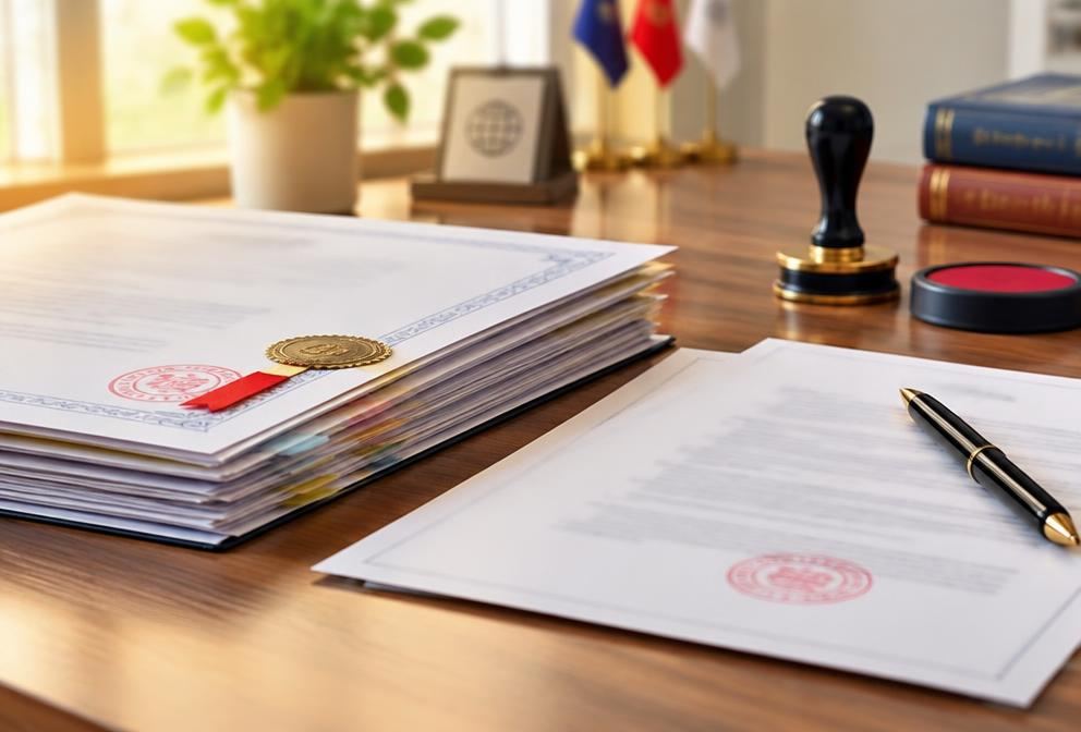 A stack of attested official documents with a stamp and pen