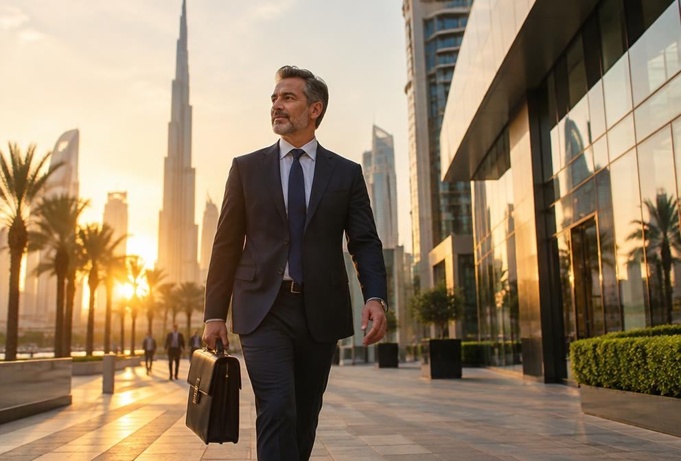 An executive walking through a Dubai business district at golden hour