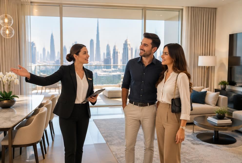 An agent showing a modern Dubai apartment to a couple