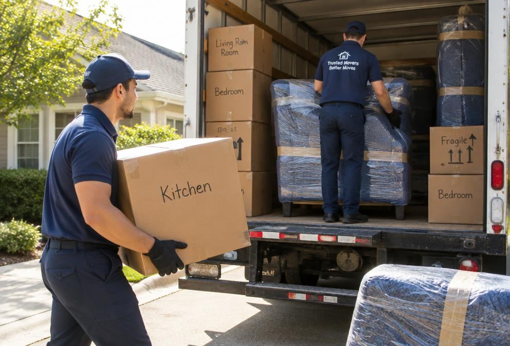 Movers loading labelled boxes and furniture into a moving truck