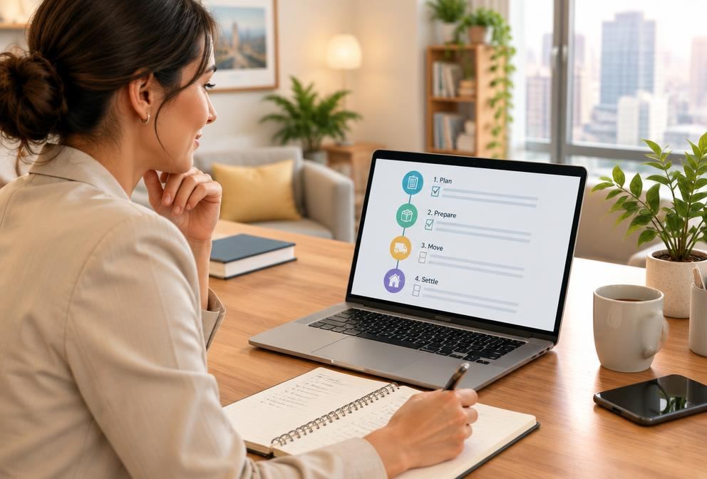 A consultant reviewing a relocation timeline checklist on a laptop