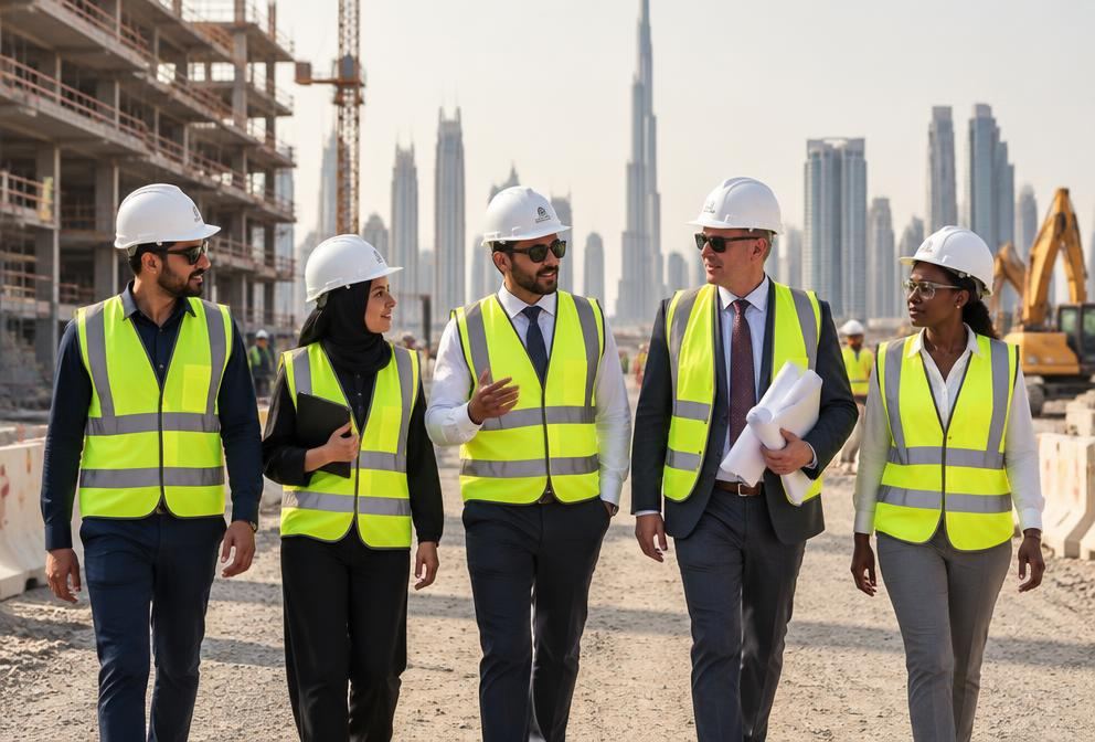 A project workforce team walking across a Dubai construction site
