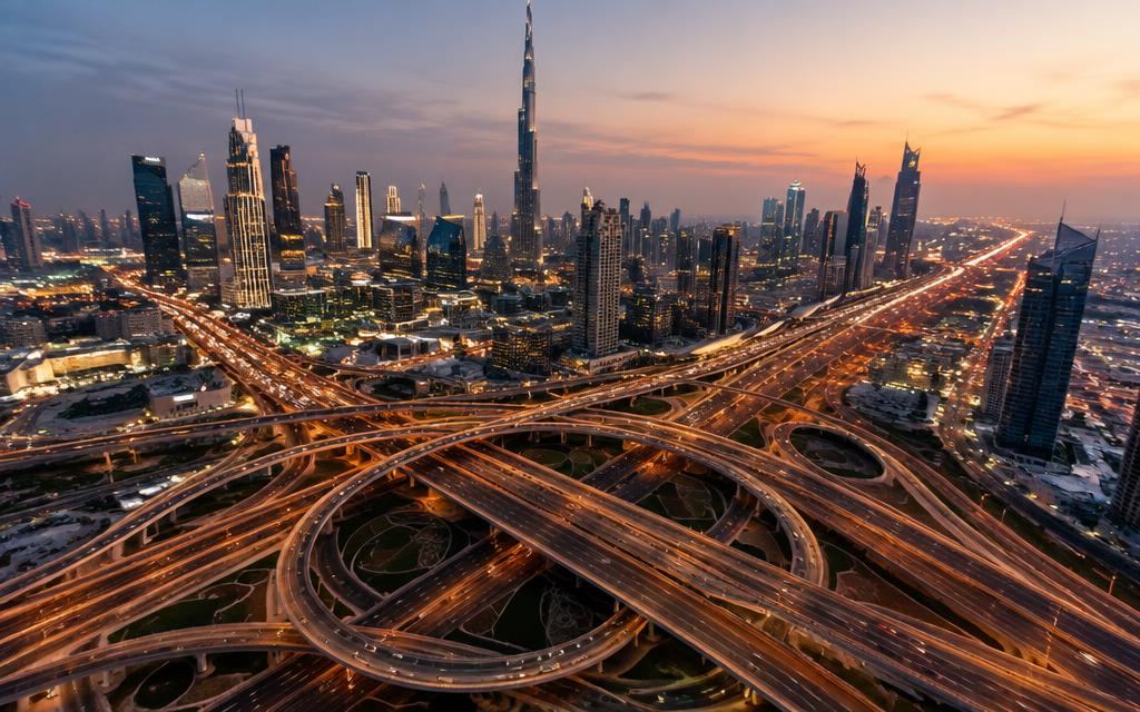 Aerial view of a Dubai highway interchange at dusk