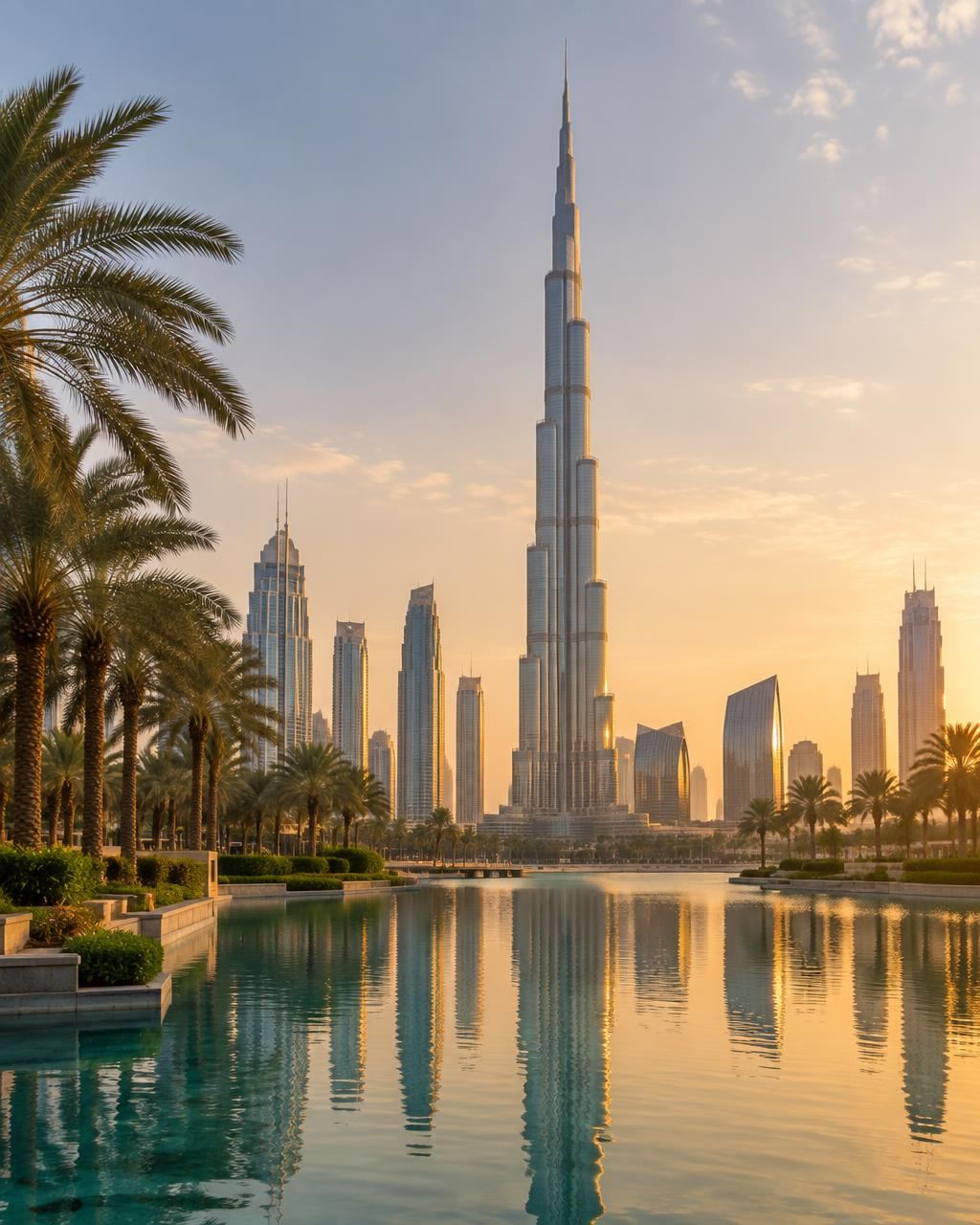 The Burj Khalifa and downtown Dubai skyline at golden hour, seen across the water behind palm trees