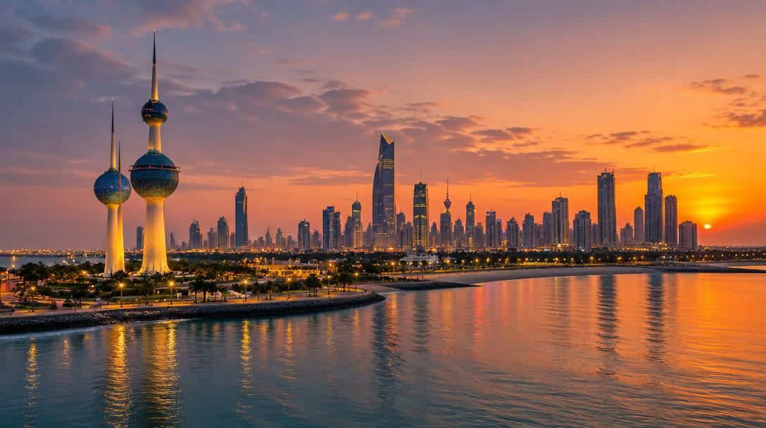 Kuwait Towers and city skyline at dusk
